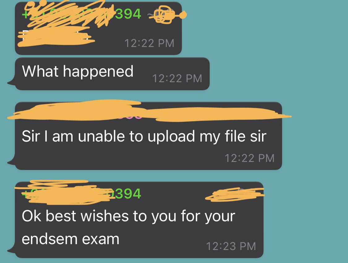MIT10256820's tweet photo. So this girl was unable to upload her exam answer sheets and this is how sarcastically her sir just mocked her as if her entire 30 marks worth of paper and the preparation she did is good for nothing. This is MAHE.This is Manipal #enoughManipal #ManipalTroublingStudents #Manipal https://t.co/Z5hRyxWEYx