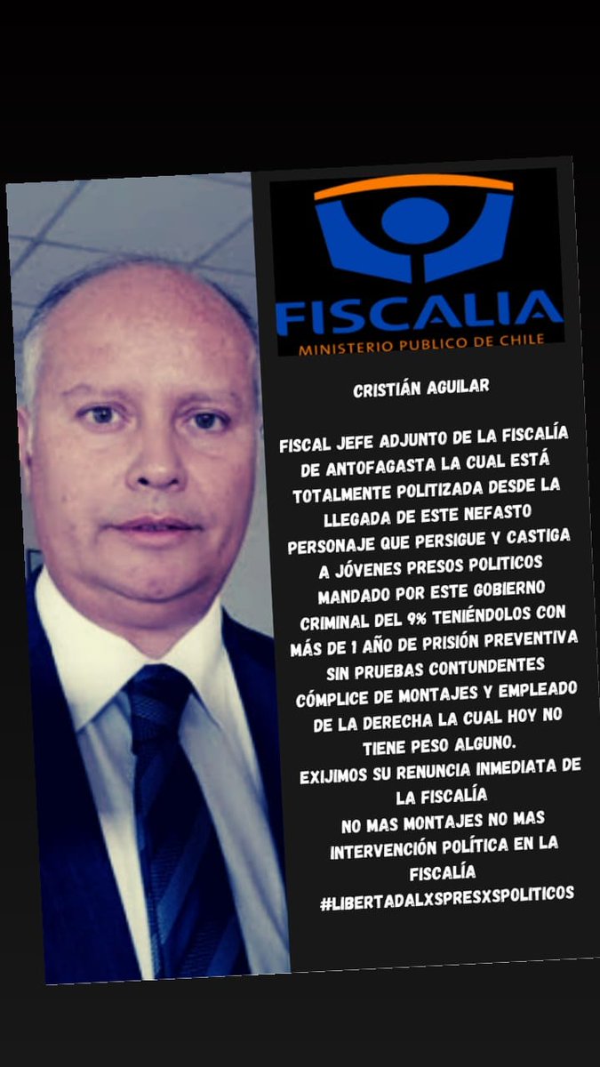 madreplazaColon's tweet photo. Renuncia Ahora #FiscalAguilar, una #fiscalíaregional de #Antofagasta y los #Tribunales totalmente politizados no mas presxs politicos por luchar ✊🏻🔥
#libertadalxspresxspoliticxsdelarevuelta 
@ArayaPedro @AgrupacionProv1 @PrimeraLinea9 @ArchivandoChile https://t.co/7Ptj4HWhZB
