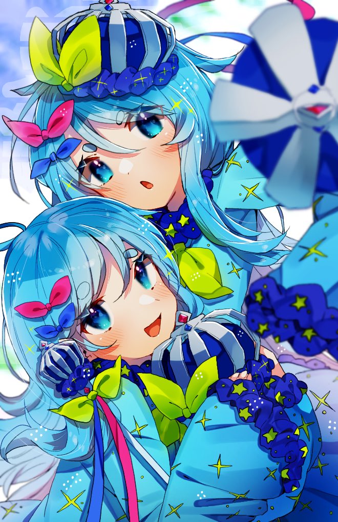 2girls multiple girls blue hair blue eyes open mouth bow looking at viewer  illustration images