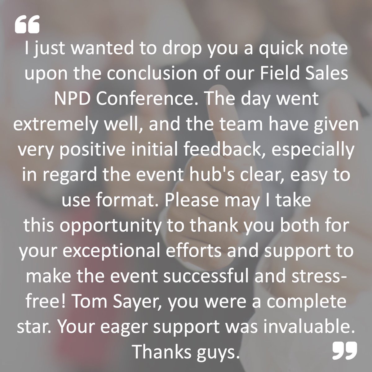 It really does mean so much when we read emails like this. Another happy client and a big SHOUT OUT to Tom for all his efforts creating the event platform....THANKS...
🙌🏽🥳🙏🏽👏🏼🍾
#happyclient
#thanks
#begreat
#teamwork
#virtualevents
#virtualawards
#virtualconferences