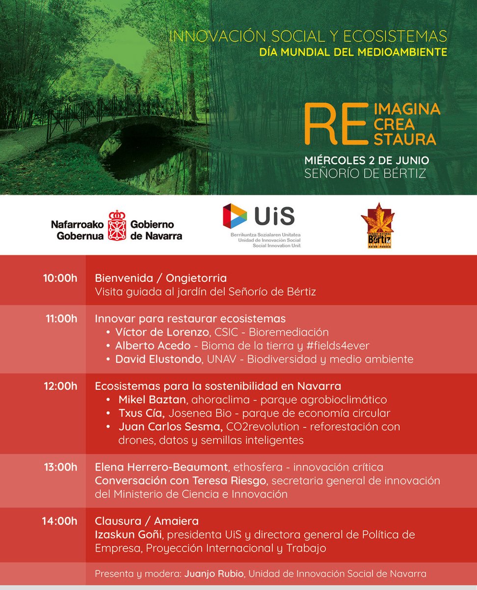 𝗜𝗻𝗻𝗼𝘃𝗮𝗰𝗶𝗼́𝗻 𝘀𝗼𝗰𝗶𝗮𝗹 𝘆 𝗲𝗰𝗼𝘀𝗶𝘀𝘁𝗲𝗺𝗮𝘀 #UiS_EARTH

Reimaginar, regenerar y restaurar ecosistemas.

Navarra es tierra de biodiversidad, con imaginación y talento.

Video completo (3’): youtu.be/zZ08zgRCR9o

#WorldEnvironmentDay #DiaMundialDelMedioAmbiente