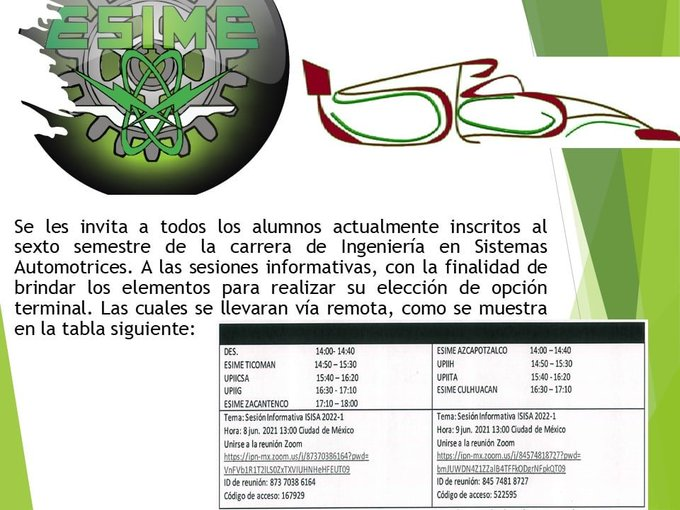 EsimeRadioZ's tweet photo. ¡ATENCIÓN ALUMNOS DE #ISISA DE 6TO SEMESTRE!
informacion via:
@ESIMEZ_OFICIAL https://t.co/dvUOz5QhIA