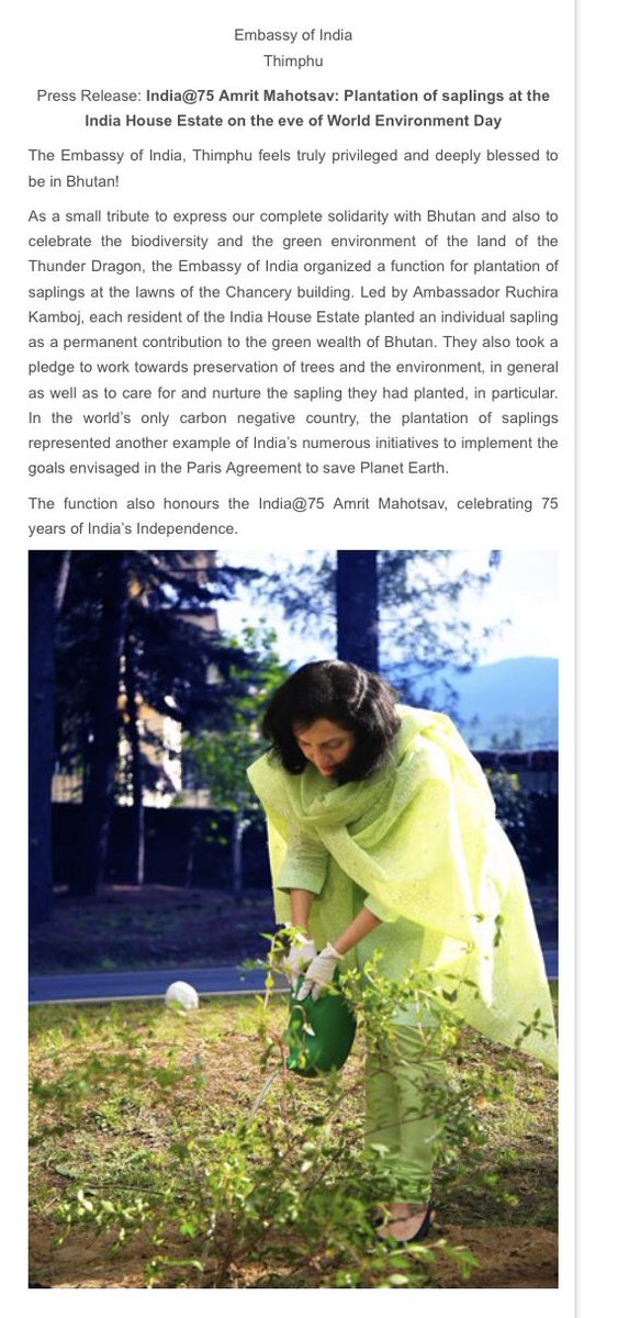 Indiainbhutan's tweet photo. Plantation of saplings at the lawns of the Embassy of India to commemorate #IndiaAt75

Our contribution to #GreenBhutan on #WorldEnvironmentDay!

Do read the Press Release here:
https://t.co/StiFxn4M6V

#IndiaBhutan #GreenBhutan 
@PMBhutan @FMBhutan @DechenwangmoM @PMOIndia https://t.co/BI4D0o32rs