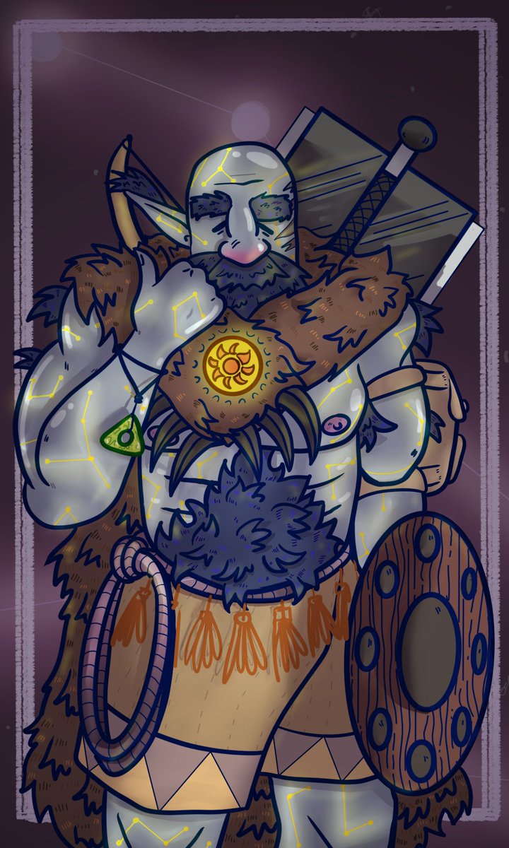 nuactna's tweet photo. Sterne, a circle of stars druid cleric of life firbolg, made for a one shot. His companions, Arthur the awakened cat monk and Socks the golden retriever cleric of peace, went to an island of rot and death to follow the rumors from the mainland. #dndart #firbolg #stardaddy #yay https://t.co/oDaXiSNzSY