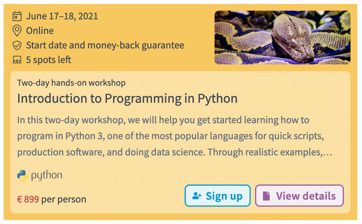 Join instructor <a href="/jeroenhjanssens/">Jeroen Janssens</a> in our two-day hands-on workshop Introduction to Programming in Python on June 17 &amp; 18.

More information: datascienceworkshops.com/catalogue/intr…
