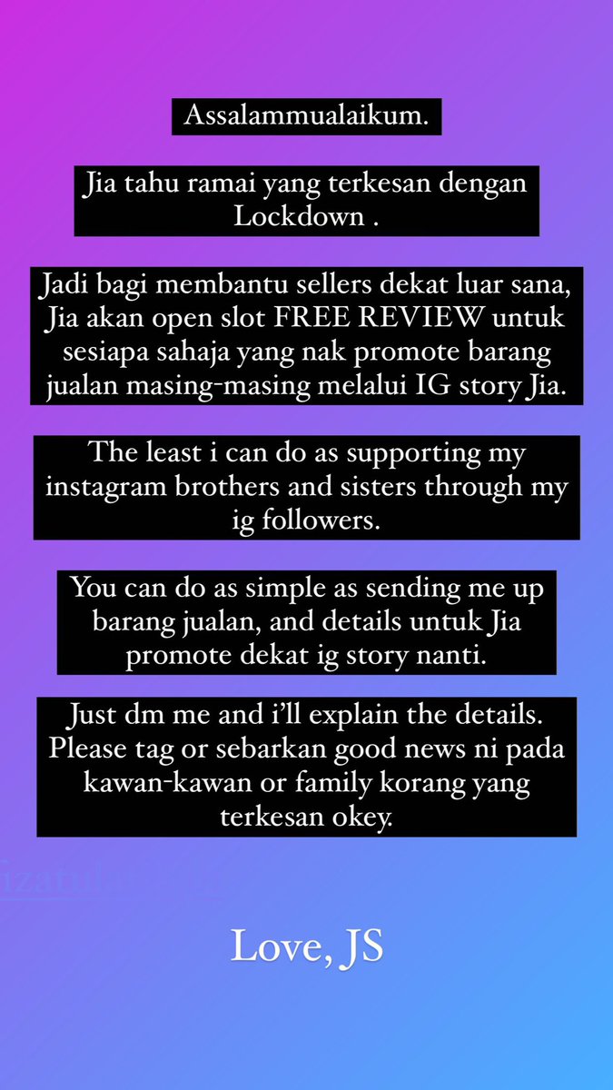JiaShamsuri's tweet photo. Minta tolong repost ya untuk Jia bantu lebih ramai lagi kawan-kawan entrepreneurs yang terkesan ‼️

Instagram: jia.shamsuri 

#lockdown2021 #bisnesonline #kitajagakita #supportlocalbusiness https://t.co/KYIFhlZoLE