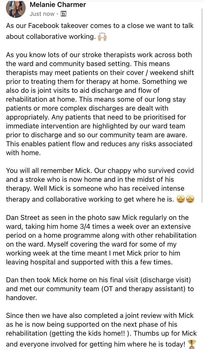melcharmerOT's tweet photo. Collaborative working and the success of this for getting Mick home. He survived COVID and a STROKE and is now home and in the midst of this therapy. Dan Street from our stroke ward and myself in pics. ๐คฉ๐@GMISDN @boltonnhsft #boltonstroketherapy #boltonAHPs https://t.co/NzAOOM7UAH