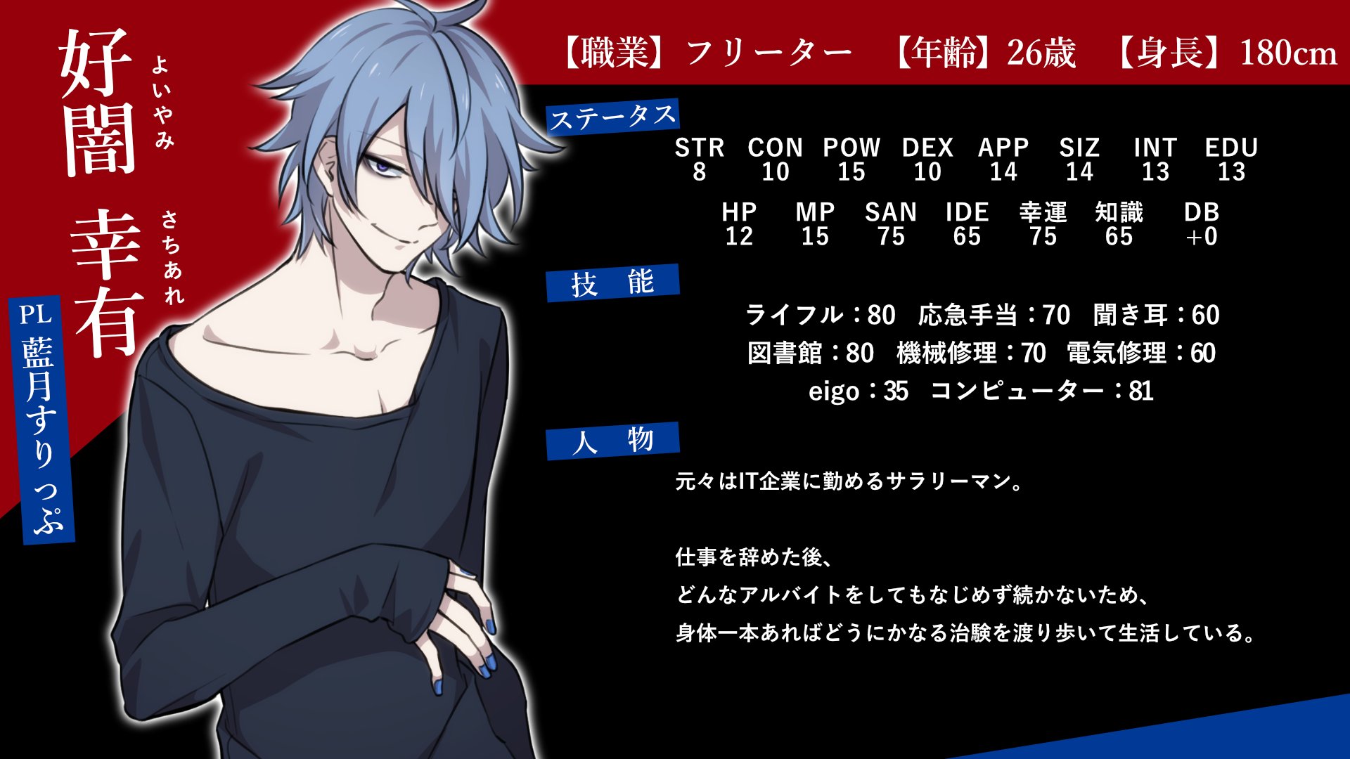 Twitter 上的 空衣御侍 エイブモズ2 本日時 クトゥルフ神話trpg エイブモズ 藍月すりっぷ Slipchang さんのキャラ えっち T Co 6d0emlp5ep Twitter