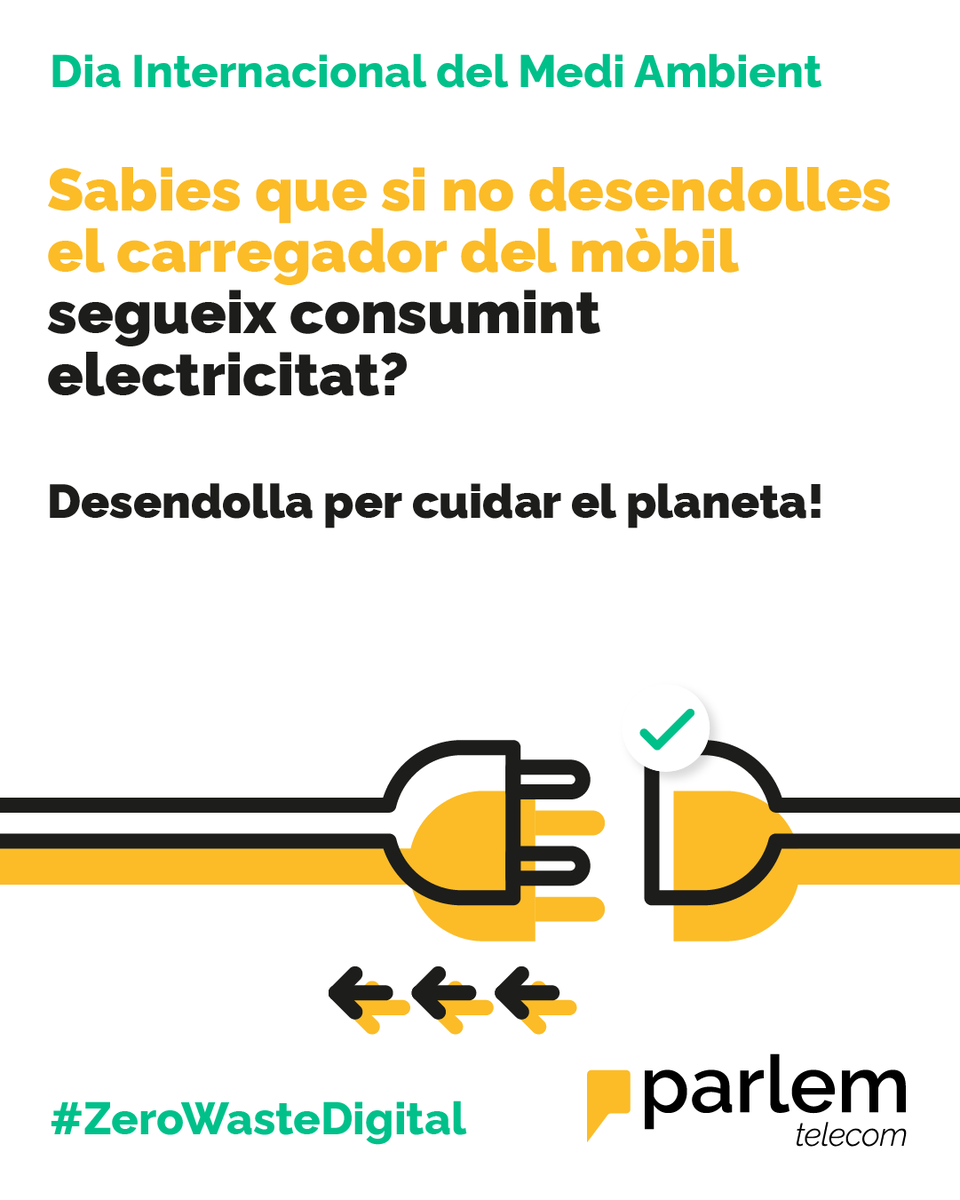 Parlem's tweet photo. ⚡ Sempre et deixes els carregadors endollats? Ha arribat l’hora de desendollar-los, perquè si no segueixen malgastant electricitat.

Suma't al #DiaMundialdelMediAmbient per canviar l’avui per fer un demà millor. 😉 

I tu, quin gest fas tu per cuidar el Medi Ambient?🌳🌲 https://t.co/kzG8qpu10w