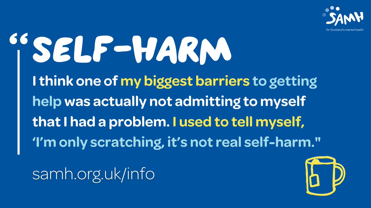 SAMHtweets's tweet image. Sometimes you might not know why you hurt yourself. If you don’t understand the reasons for your self-harm, you are not alone and you can still ask for help. 

Our guide has practical suggestions on looking after yourself as well as where to find support: samh.org.uk/about-mental-h…