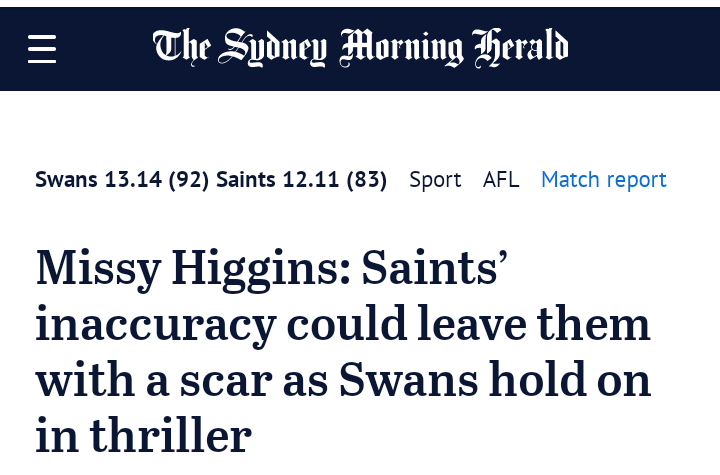 rnclelland's tweet photo. Good effort, SMH headline-writing sports subs.
#SpecialTwo
#AFLSaintsSwans https://t.co/6aCX3gs2gm