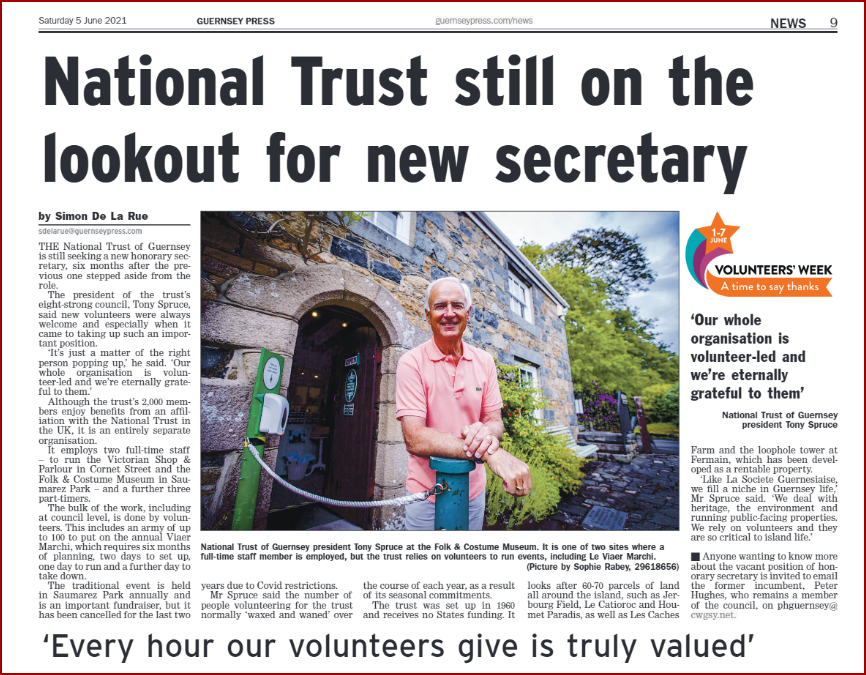 VolunteerGsy's tweet photo. It's day 5 of #VolunteersWeek. Todays feature in the @GuernseyPress all about @NTGuernsey and their amazing volunteers. They are also looking for a new Secretary - please can you help? More info: emc@nationaltrust.gg
@Govgg @GuernseyCF
#LoveToHelp
#SupportingTheCommunity https://t.co/yTTm2aQoVR