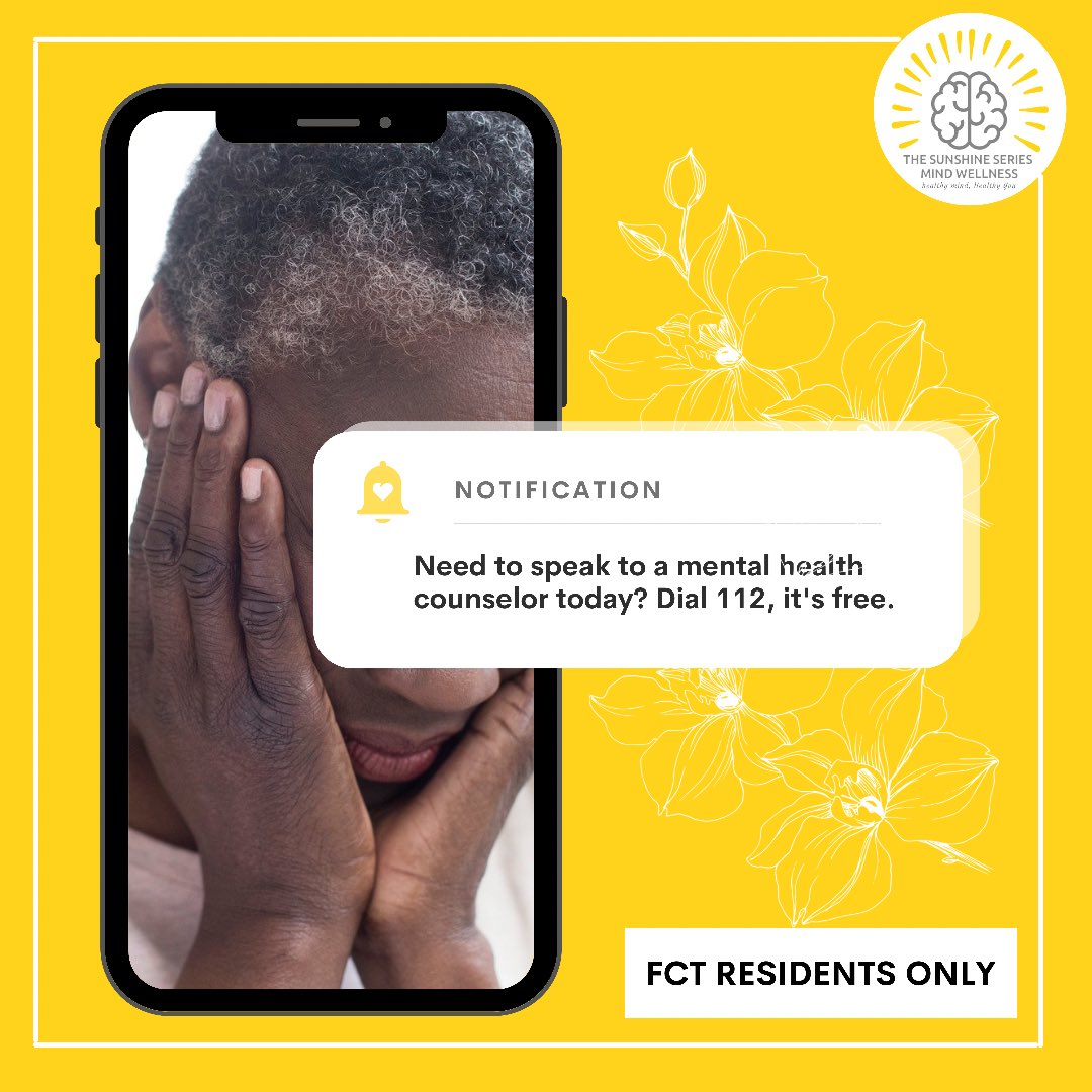 _sunshineseries's tweet photo. Sometimes life can get you down, but don’t let that stop you from seeking help when you need it.
Dial 112 to talk to a mental health counselor.
#AbujaTwitterCommunity #themindwheelproject #MentalHealthMatters https://t.co/kTASfivnDT