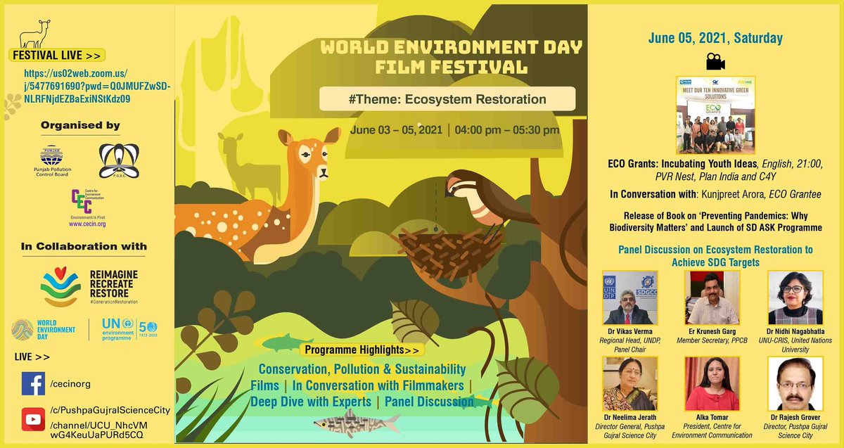 IND_CEC's tweet photo. WORLD ENVIRONMENT DAY FILM FESTIVAL 2021
Today is the last day and the film festival will go live at 4 pm. Join us as the expert panel holds discussion on “Ecosystem Restoration to achieve SDG targets” and screening of ECO Grants: Incubating Youth Ideas.
https://t.co/ZKw7wahnGy https://t.co/wlxKvPi4ki
