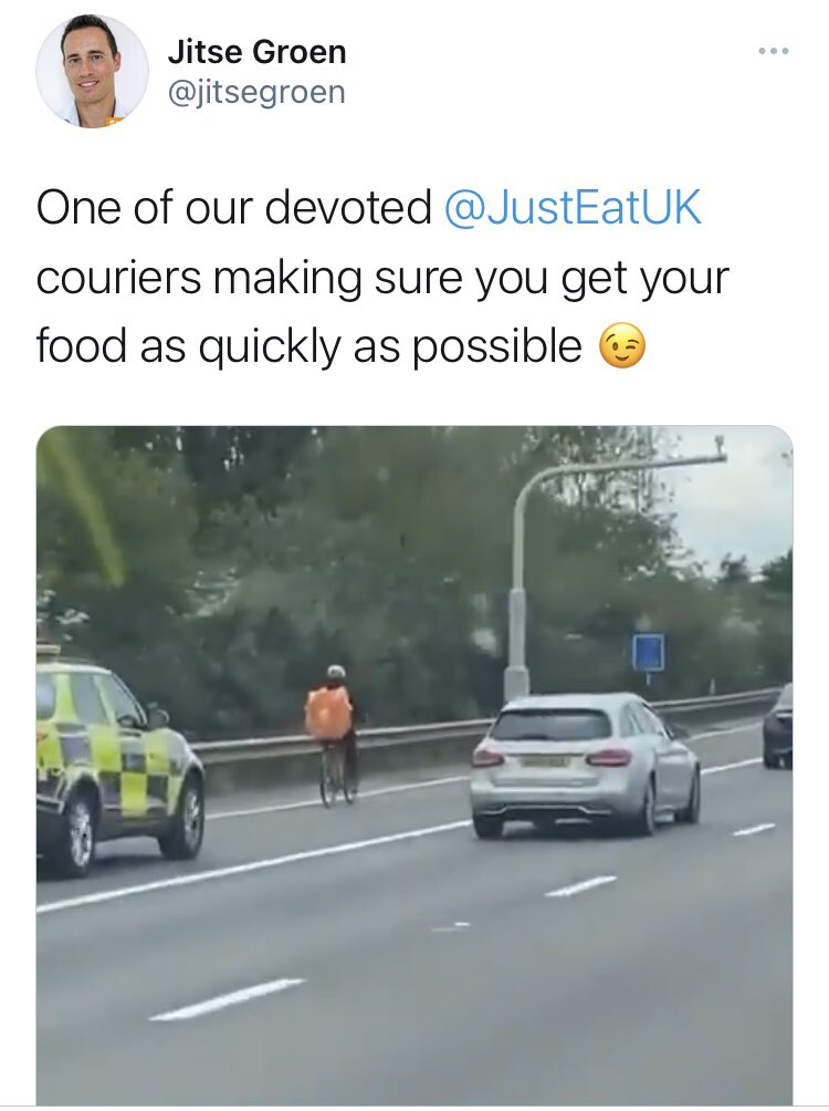 alex marshall (@alexjkmarshall) on Twitter photo ICYMI here is the now deleted tweet by <a href="/JustEatUK/">Just Eat UK</a> CEO <a href="/jitsegroen/">Jitse Groen</a> joking about one of his workers riding on a treacherous road, risking his life for pittance pay. Workers are usually paid to follow predetermined routes & deviating can lead to being fired. ICYMI here is the now deleted tweet by <a href="/JustEatUK/">Just Eat UK</a> CEO <a href="/jitsegroen/">Jitse Groen</a> joking about one of his workers riding on a treacherous road, risking his life for pittance pay. Workers are usually paid to follow predetermined routes & deviating can lead to being fired.