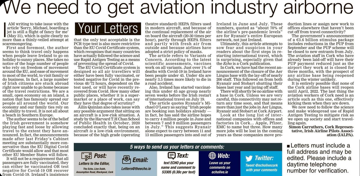 IALPA's tweet photo. @IALPA Cork Rep Capt. Simon Carruthers: "We now need to follow the science and make widespread use of Rapid #Antigen Testing."

Read the letter in @echolivecork here ⬇️⬇️ https://t.co/Hk9tQaMQ25