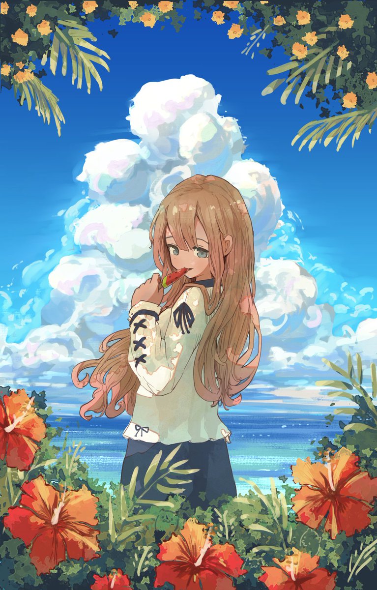 1girl solo flower cloud long hair food sky  illustration images