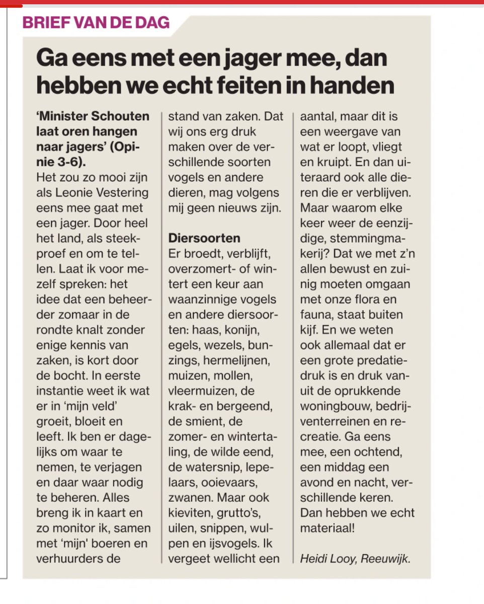 Heidi is dagelijks in het veld waar ze jaagt. Ze weet precies wat er leeft. Ze monitort, verjaagt en waar nodig beheert. 

Bewust omgaan met flora en fauna is belangrijk maar waarom dan toch de eenzijdige stemmingmakerij van <a href="/LeonieVestering/">Leonie Vestering</a> deze week? Ga eens mee! 

#jagersdoen
