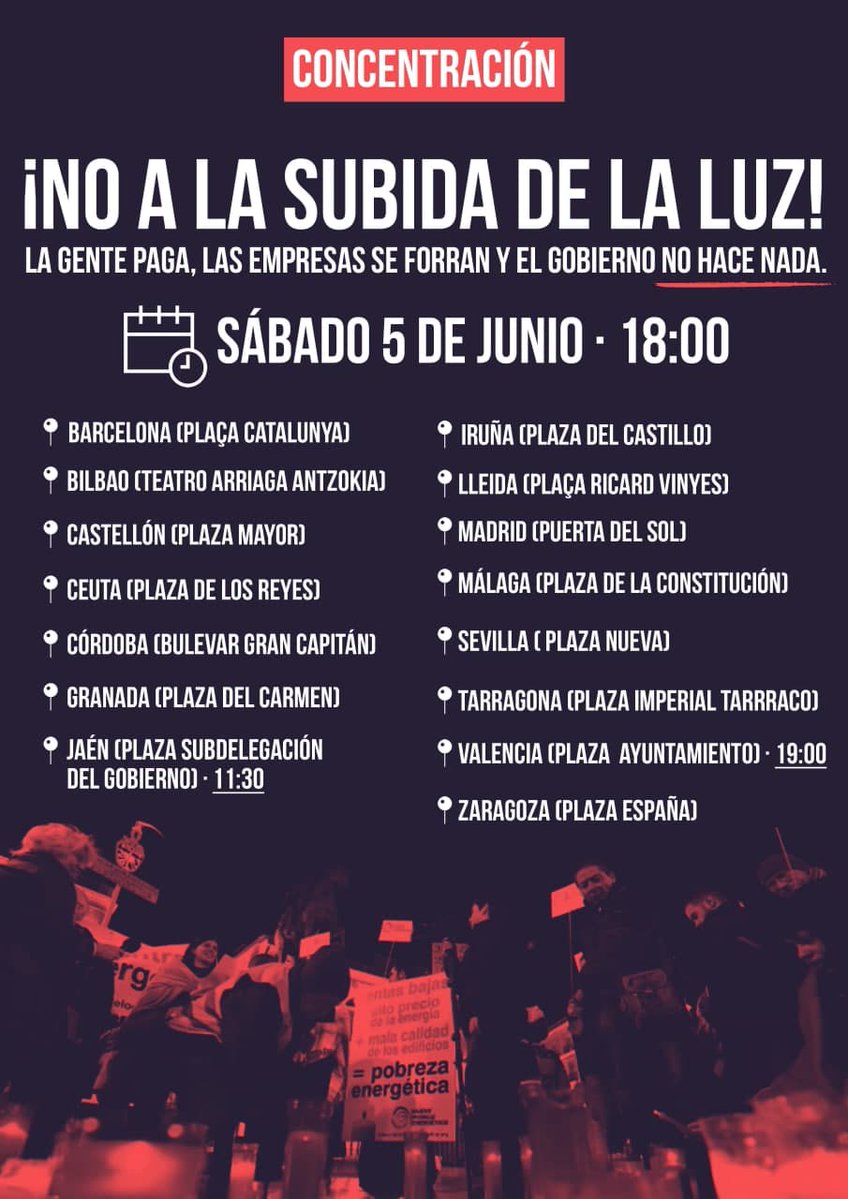 AnticapIB's tweet photo. Concentració contra la pujada de la llum!

Avui a les 18h a la Pça d'Espanya de #Palma.

👉 Per una empresa pública d'energia.
👉Nacionalització de les elèctriques.
👉 No als talls de llum.
👉 Sí a una energia neta. https://t.co/qr57oxcTLs