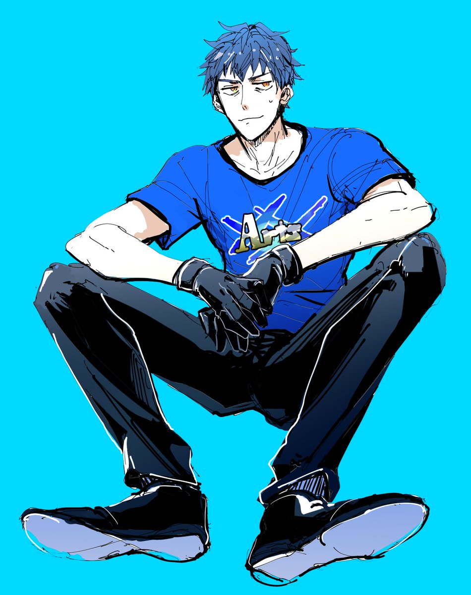 1boy male focus solo gloves blue background shirt sitting  illustration images