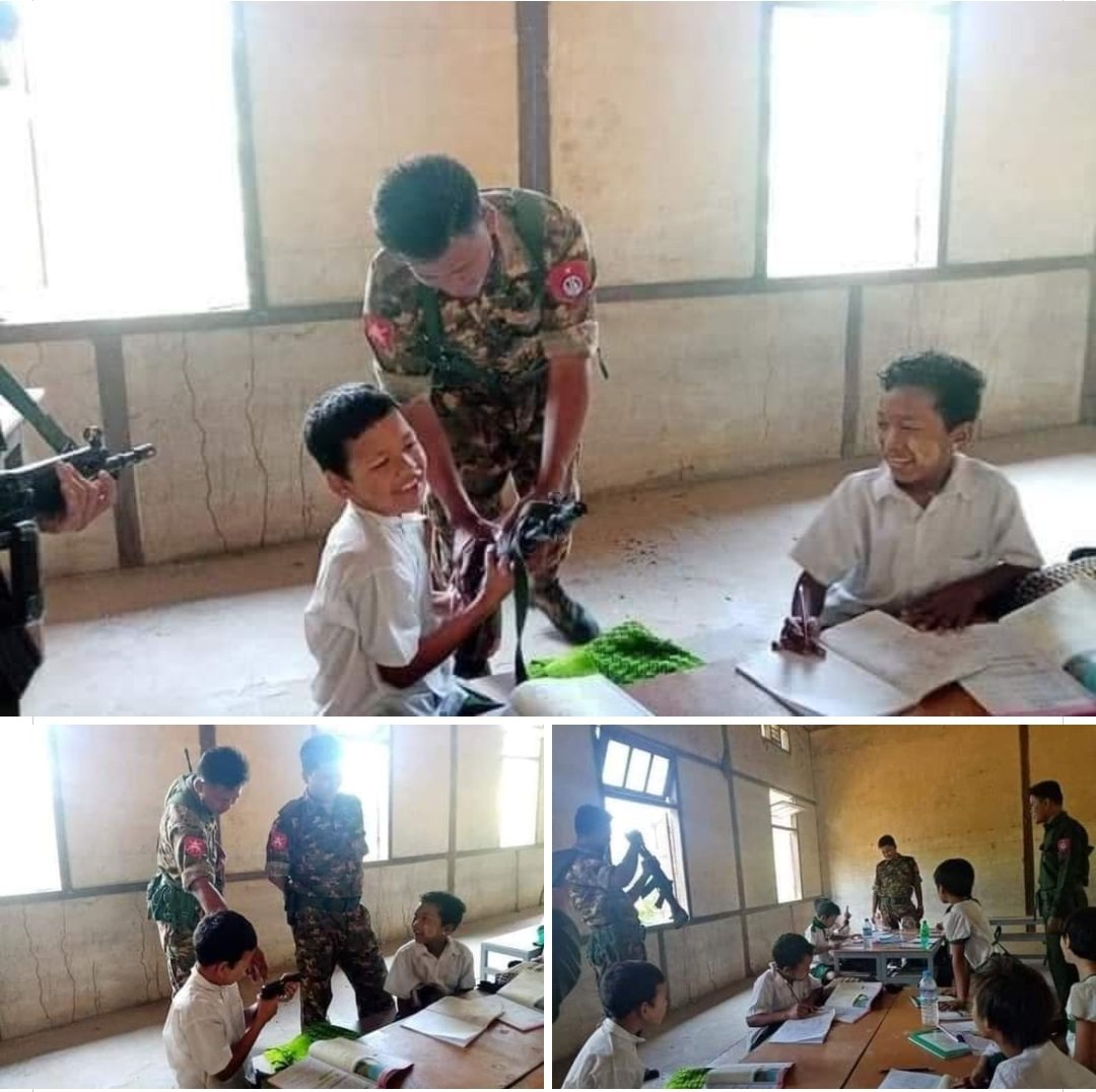 Members of the terrorists military council enter the classroom with full weapons and allow children to touch and try these weapons. Children can become acquainted with armed conflict and become motivated to become part of it. #WhatsHappeningInMyanmar