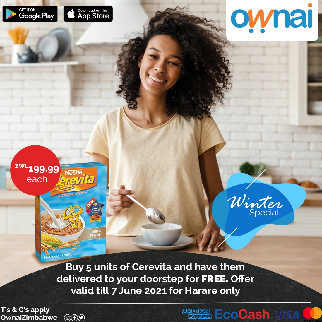 ownaizimbabwe's tweet photo. WINTER SPECIAL!!! Buy 5 units of Cerevita at ZWL199.99/each and have them delivered to your doorstep for free. Offer valid till 7 June 2021 for Harare only #OwnaiZimbabwe #WinterSpecial https://t.co/bdCxsocHyY