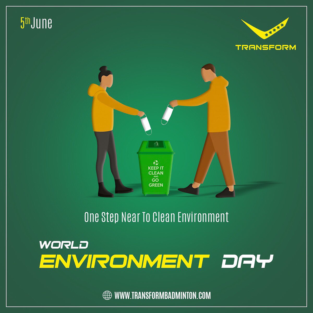 TransformBaddy's tweet photo. On World Environment Day, Transform pledges to live in harmony with Mother Nature to keep our precious Earth clean and green.
#transformbadminton
#WorldEnvironmentDay2021
#WorldEnvironmentDay #environment #EnvironmentDay2021 @BChetanAnand @shlokh95 @harsheel_dani https://t.co/pYUyqDq5cT