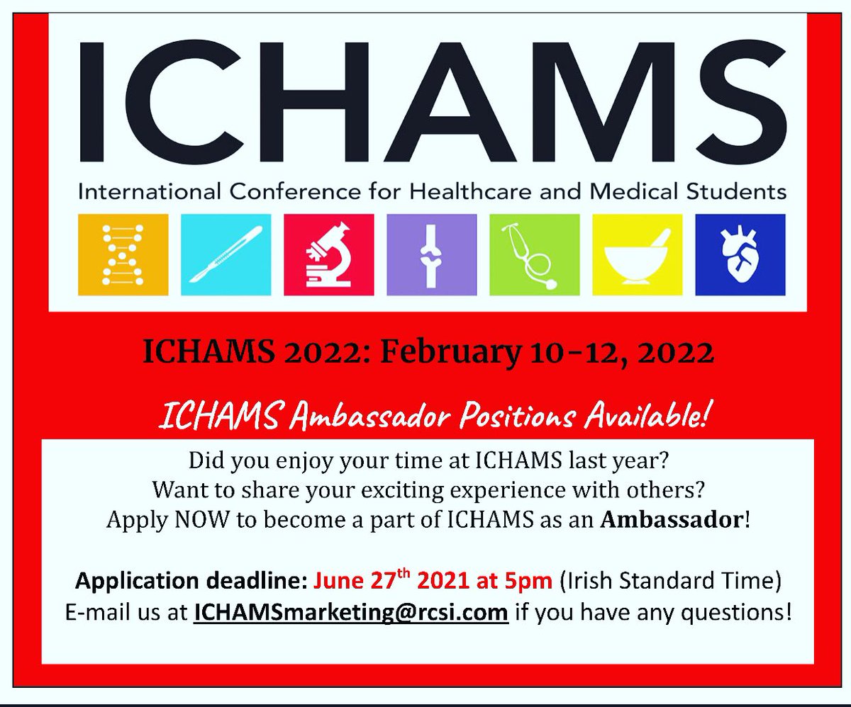 ichams_rcsi's tweet photo. We are glad to announce our Ambassador Program for ICHAMS 2022! A great opportunity for previous ICHAMS participants to share their experience and involve themselves with the conference. 
For more info and to signup: https://t.co/GvPLYtzHAr https://t.co/HfgxivGxbg