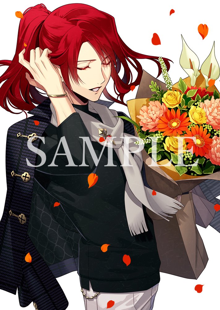 1boy male focus red hair closed eyes flower sample watermark solo  illustration images