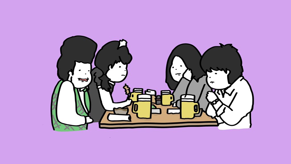 multiple boys purple background simple background multiple girls black hair cup apron  illustration images