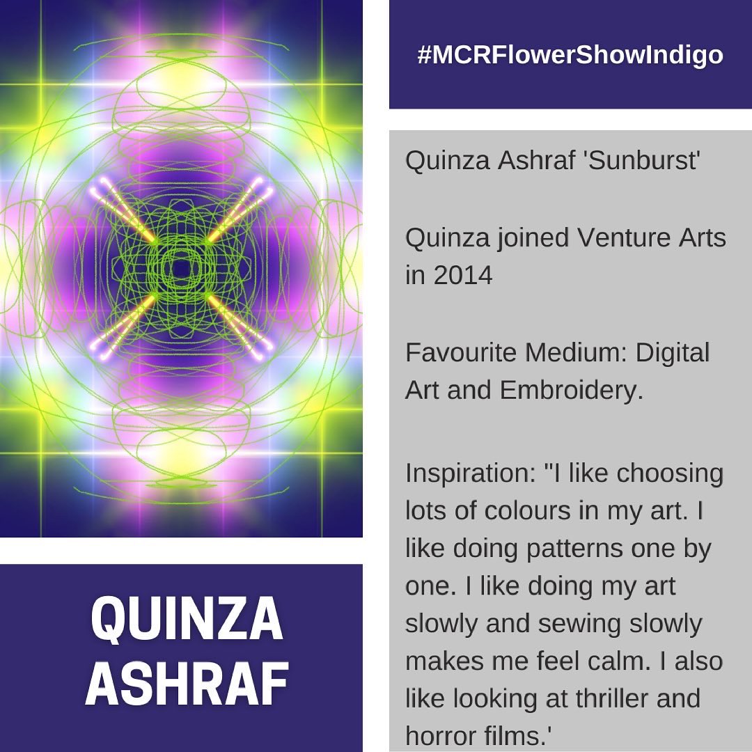 Manchester Flower Show Day Eight! 🌸 #MCRFlowerShowIndigo 💜 What a beautiful day to introduce you to Artist, Quinza Ashraf, and their ‘Sunburst’ artwork. @VentureArts @MCRFlowerShow #MCRFlowerShow #SeedOfChange #TheManchesterFlowerShow #ManchesterFlowerShow #Manchester