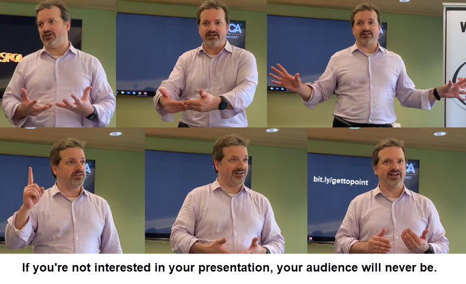 The person most excited by your presentation should be you. Low on energy? Eat a candy bar, drink some coffee, splash water in your face, because no matter how good your content is, it won't sell itself. 
(How to make a point: bit.ly/joelpoint)
#publicspeaking