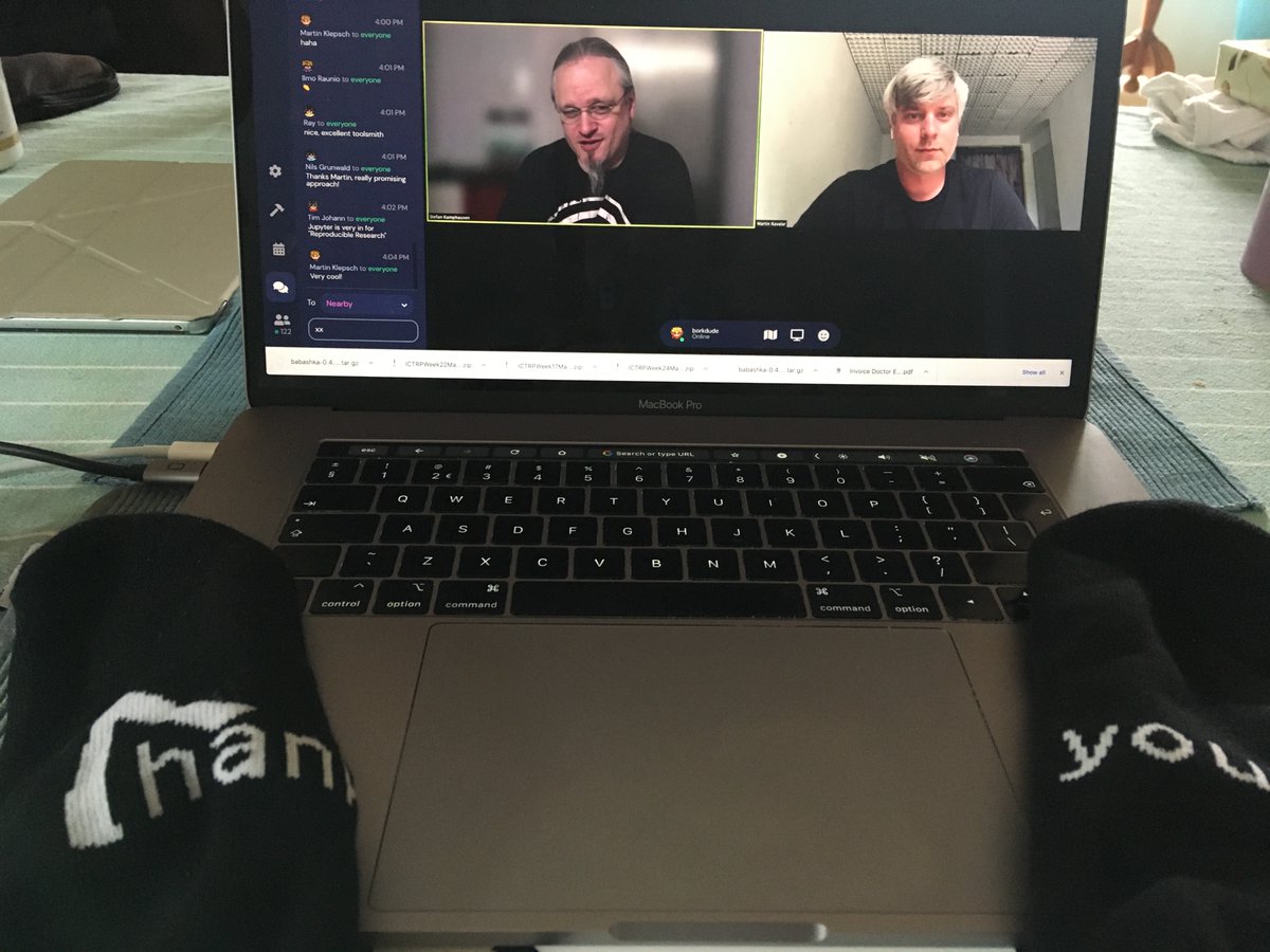 borkdude's tweet image. Enjoying @clojuredconf from the comfort of my dinner table. This is very well organized, a big example for other online conferences. Also, just received socks as a thank you gift. I'm having a great day :).
#clojured