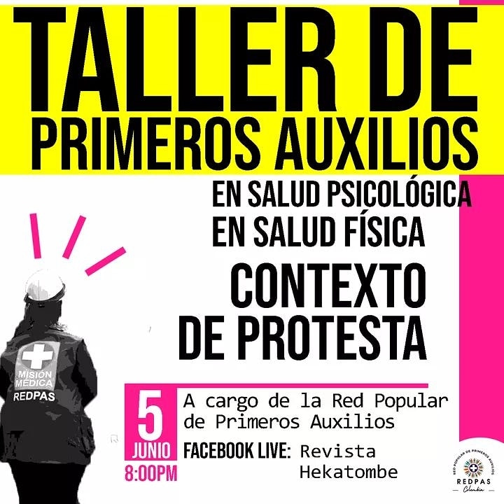 Hekatombe_'s tweet photo. Ante el tratamiento represivo de la protesta social, es fundamental contar con herramientas básicas de primeros auxilios en salud física y psicológica. 

Taller virtual, facebook live Revista Hekatombe, a cargo de @RRedpas, hoy a las 8 pm.

#ParoNacional5J https://t.co/XfBGXm4K0i