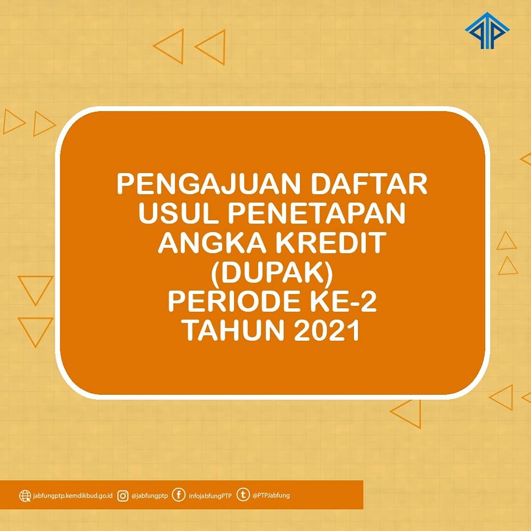 PTPJabfung's tweet photo. PTPers, pengajuan #DUPAK jabatan fungsional PTP periode ke-2 tahun 2021 telah dibuka. Yuk.. #PTPers segera isi dan ajukan #DUPAK beserta kelengkapan dokumen & bukti fisiknya sesuai dengan Pedoman Satuan Hasil Kerja JF-PTP secara daring melalui laman: https://t.co/5qw4t83H7Z. https://t.co/lC1dbmjgl7