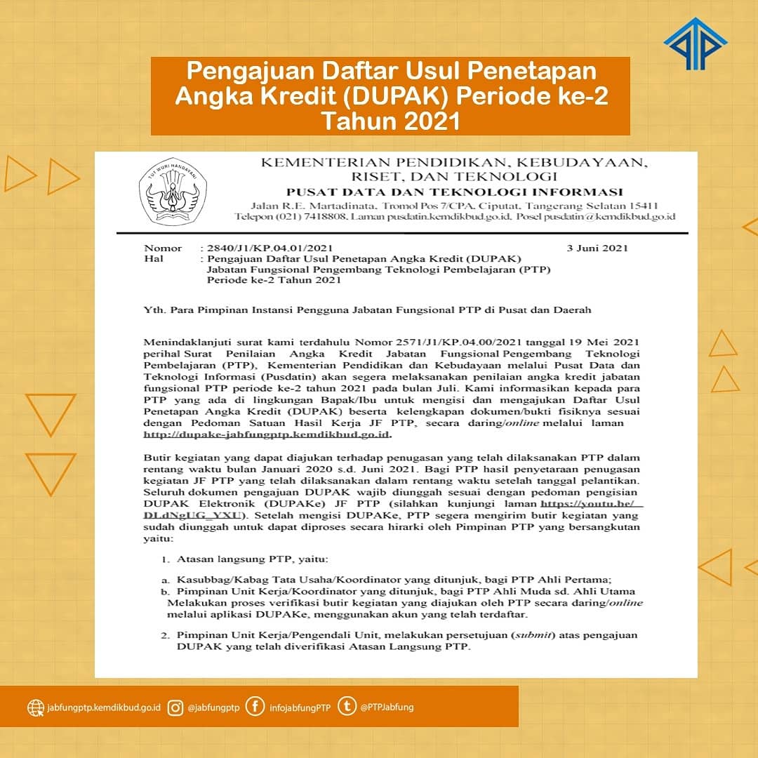 PTPJabfung's tweet photo. PTPers, pengajuan #DUPAK jabatan fungsional PTP periode ke-2 tahun 2021 telah dibuka. Yuk.. #PTPers segera isi dan ajukan #DUPAK beserta kelengkapan dokumen & bukti fisiknya sesuai dengan Pedoman Satuan Hasil Kerja JF-PTP secara daring melalui laman: https://t.co/5qw4t83H7Z. https://t.co/lC1dbmjgl7
