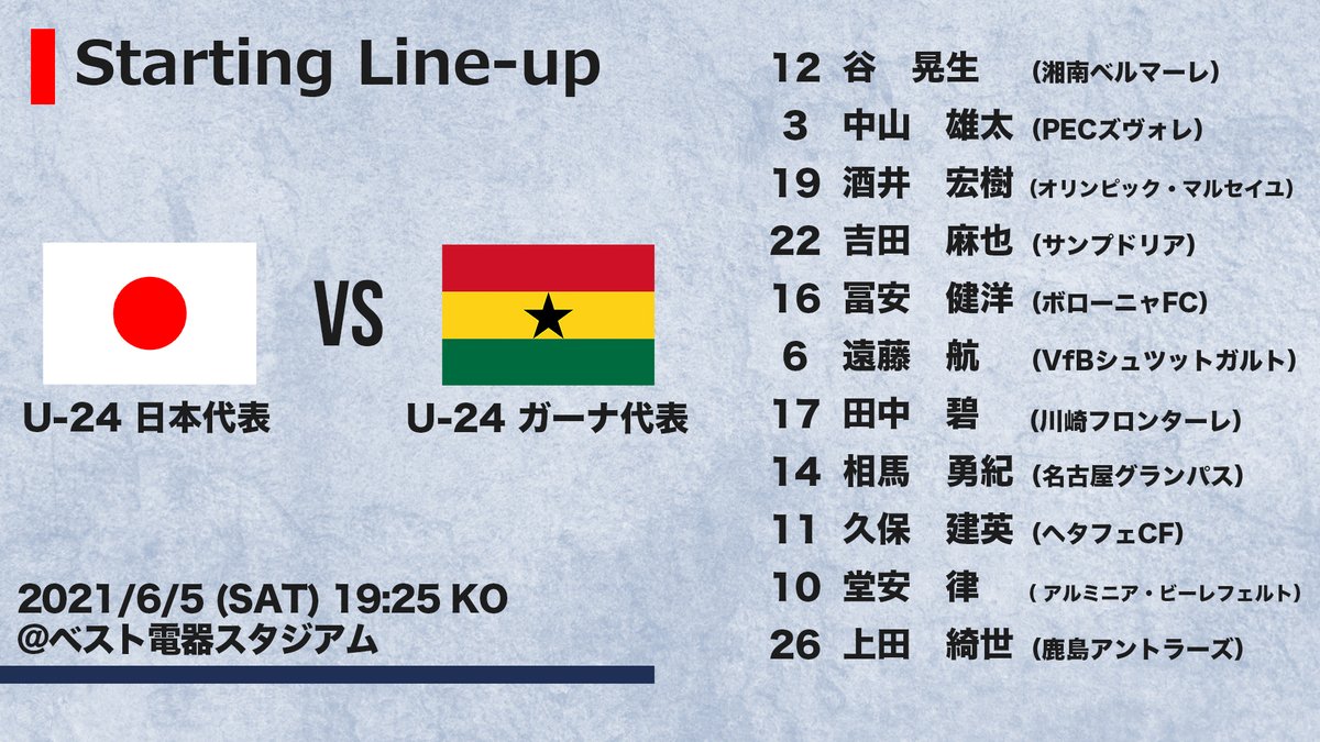 ｊリーグ 日本プロサッカーリーグ スタメン発表 キックオフは19時25分 U 24日本代表 Vs U 24 ガーナ代表 Jfa Daihyo ｊリーグ