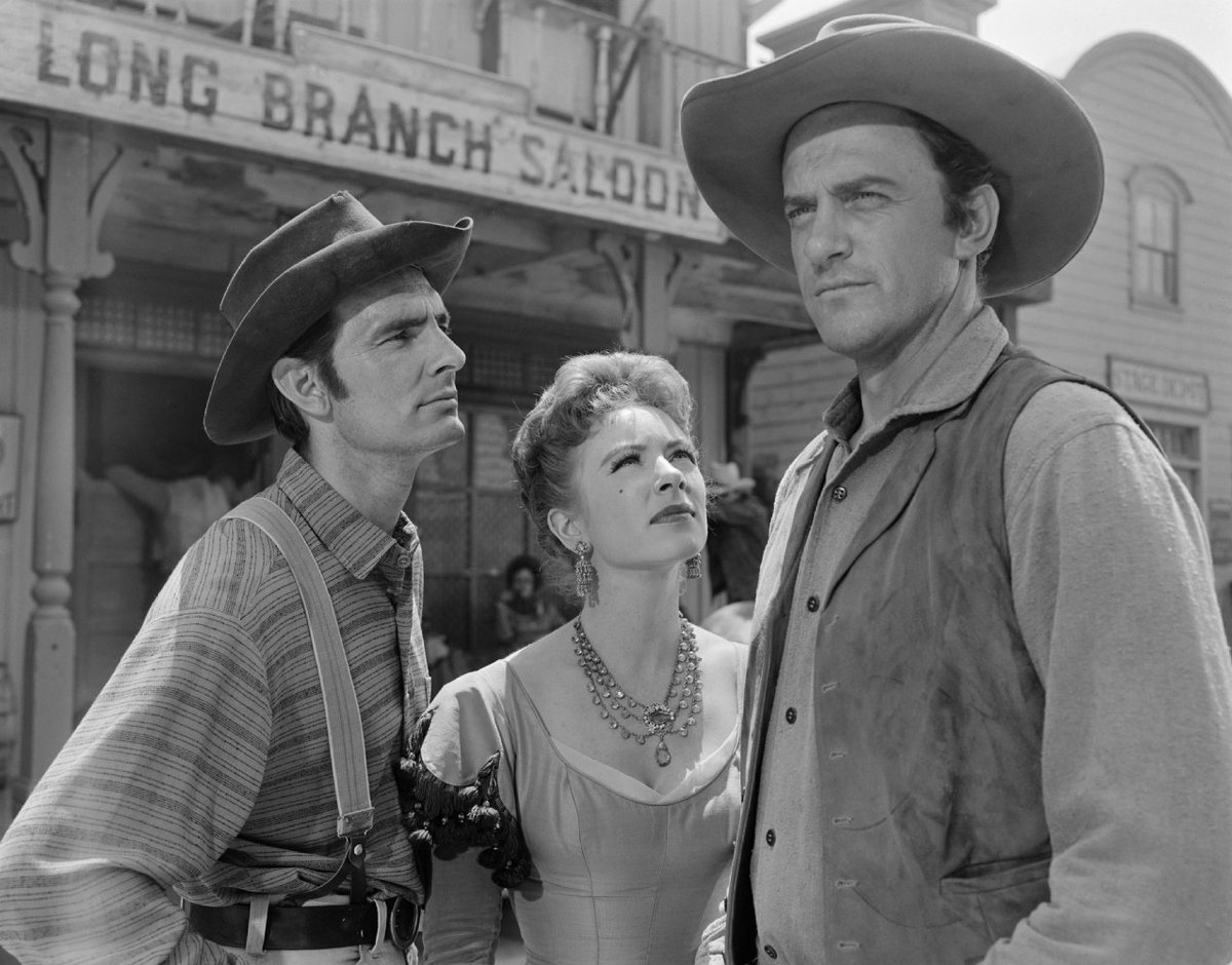 Dennis Weaver, Amanda Blake and James Arness in Gunsmoke, 1955... 