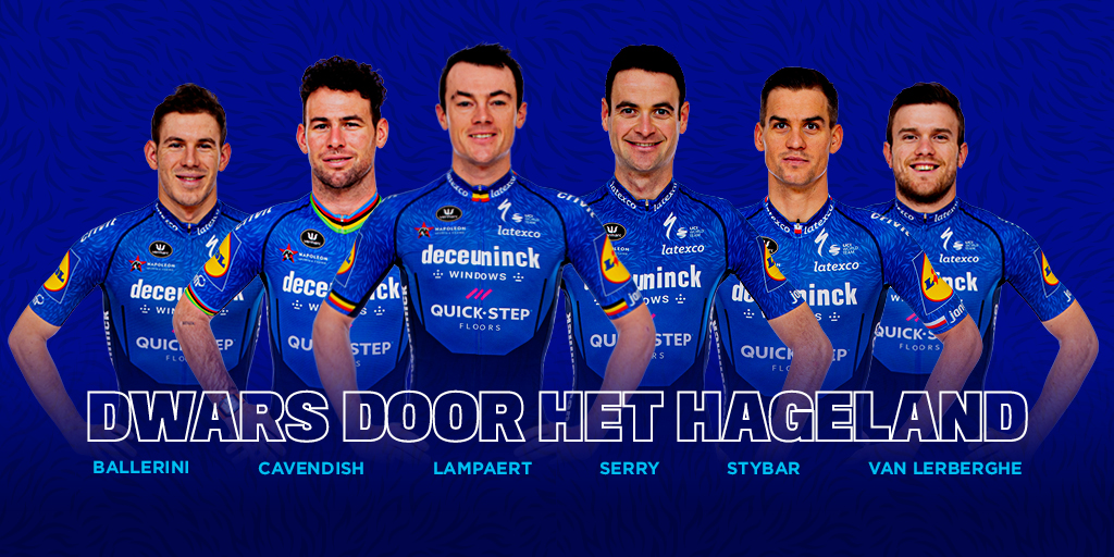 soudalquickstep's tweet photo. We are in action today also at #DDHH20, where a mix of cobbles, hills, and dirt roads should make for an exciting race.
Good luck to our riders:
1 @MarkCavendish
2 @ballero_94
3 @yveslampaert
4 @Pieter_Serry
5 @zdenekstybar
6 @bert_bvl https://t.co/V6MjVBcM5Z