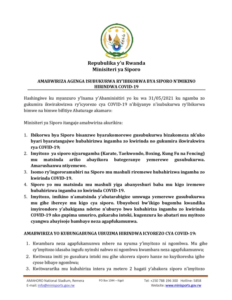 Rwanda_Sports's tweet photo. Amabwiriza  agenga isubukurwa ry’ibikorwa bya siporo n’imikino hirindwa COVID-19 

Instructions on sports activities allowed to resume in perspective of the COVID-19 
@Rwandapolice @RwandaLocalGov https://t.co/jyeSxTNhZl