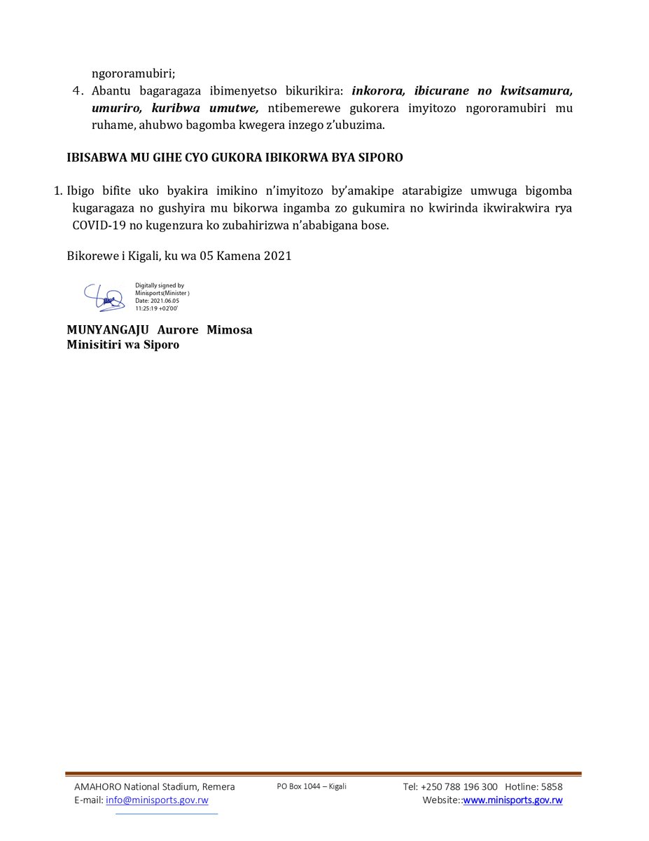Rwanda_Sports's tweet photo. Amabwiriza  agenga isubukurwa ry’ibikorwa bya siporo n’imikino hirindwa COVID-19 

Instructions on sports activities allowed to resume in perspective of the COVID-19 
@Rwandapolice @RwandaLocalGov https://t.co/jyeSxTNhZl