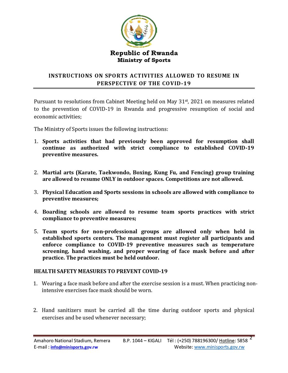 Rwanda_Sports's tweet photo. Amabwiriza  agenga isubukurwa ry’ibikorwa bya siporo n’imikino hirindwa COVID-19 

Instructions on sports activities allowed to resume in perspective of the COVID-19 
@Rwandapolice @RwandaLocalGov https://t.co/jyeSxTNhZl