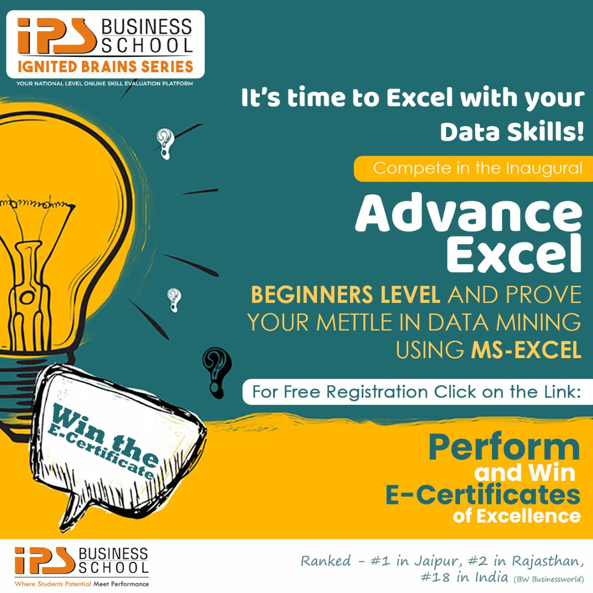 ipsjaipur's tweet image. Announcing the #IPS_College Ignited Brains Series
YOUR NATIONAL LEVEL #ONLINE_SKILL_EVALUATION PLATFORM
User Register:*
ipsedu.in/student-quiz-c…
Happy Learnings
Team IPS 😀
#Advanced_Excel #Free_Certification_Course #Learning #Technical_Skills_Course #Management_Skills_Course