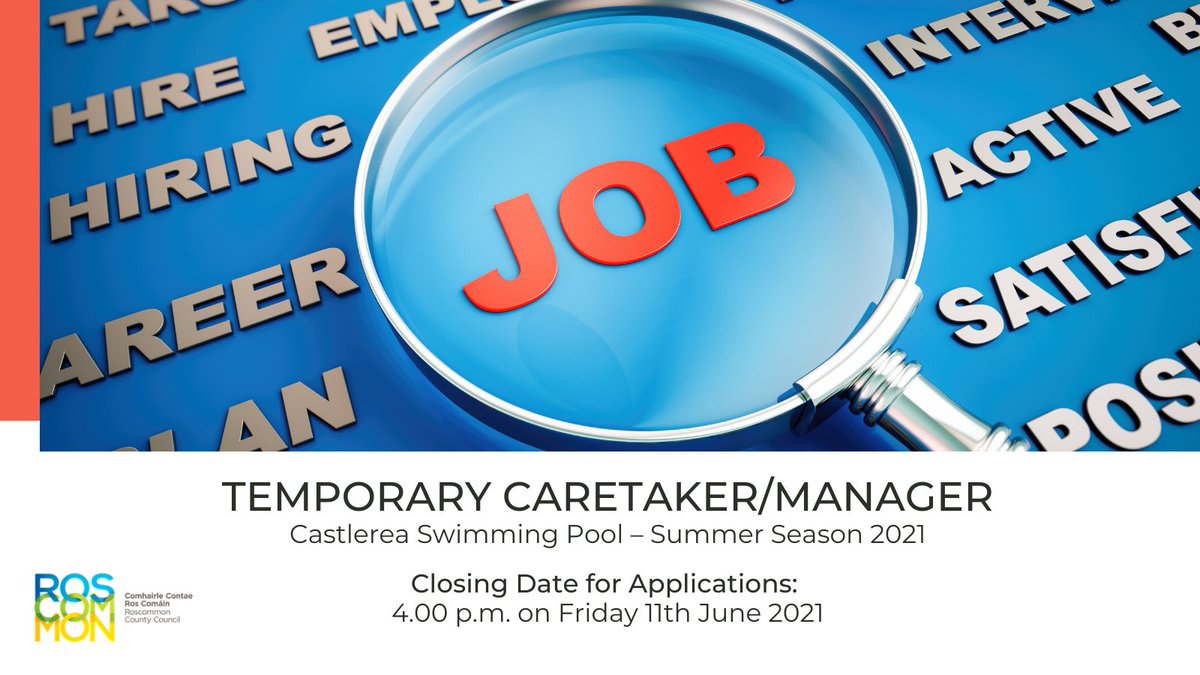 roscommoncoco's tweet photo. Roscommon County Council are inviting applications from suitably qualified persons for the position of:
✔️TEMPORARY CARETAKER/MANAGER
📍 Castlerea Swimming Pool - Summer Season 2021
Details at: ⏩https://t.co/nA4JSJrxPA
#RoscommonJobs #Roscommon #Jobs #JobVacancy #Castlerea https://t.co/YyDtpmUwvS