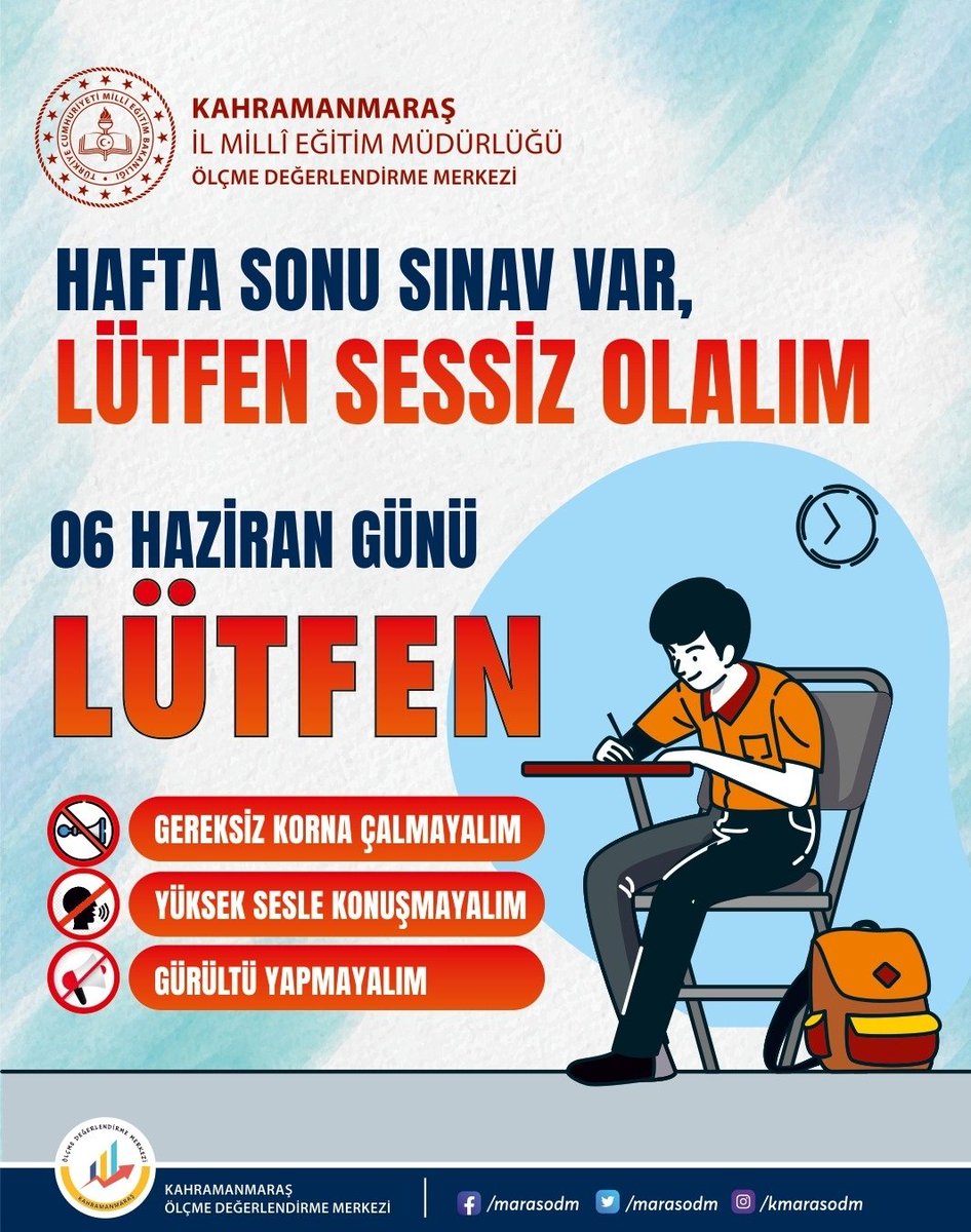 Kahramanmaraş İl Millî Eğitim Müdürlüğü (@kmarasilmem) on Twitter photo Yarın yapılacak olan LGS sınavında öğrencilerimizin daha huzurlu bir sınav geçirmeleri için gürültü oluşturacak iş ve işlemlerden lütfen kaçınalım!
#LGS2021
<a href="/cemalyilmaz28/">Cemal YILMAZ</a> <a href="/ziyaselcuk/">Ziya Selçuk</a> <a href="/tcmeb/">Millî Eğitim Bakanlığı</a> Yarın yapılacak olan LGS sınavında öğrencilerimizin daha huzurlu bir sınav geçirmeleri için gürültü oluşturacak iş ve işlemlerden lütfen kaçınalım!
#LGS2021
<a href="/cemalyilmaz28/">Cemal YILMAZ</a> <a href="/ziyaselcuk/">Ziya Selçuk</a> <a href="/tcmeb/">Millî Eğitim Bakanlığı</a>