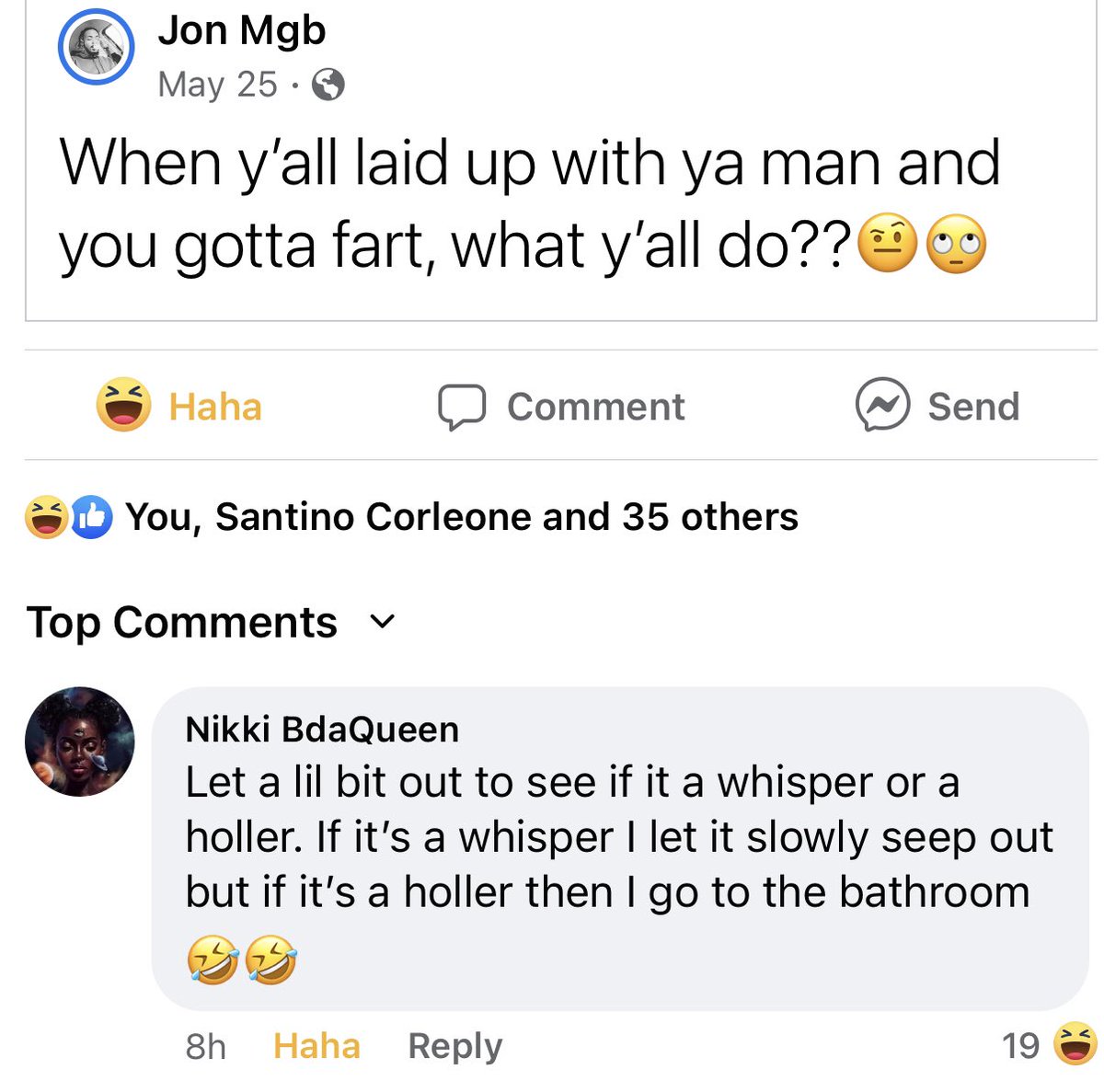 SirCrumpski's tweet photo. FB is a wild place😂😂😂 #whisper #holler https://t.co/5dvpgmaAOg