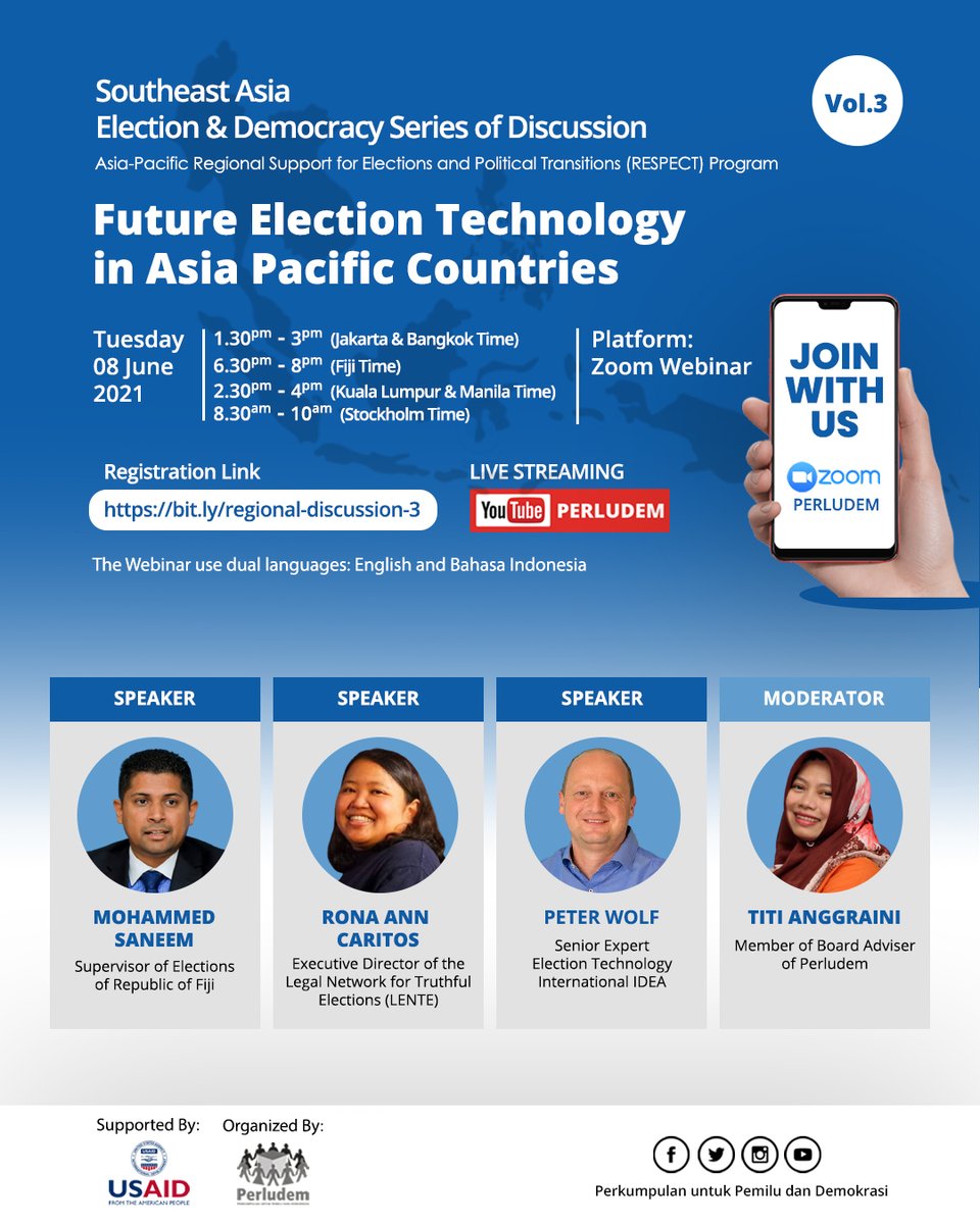 perludem's tweet photo. Southeast Asia Election and Democracy Series of Discussion Vol.3

“Future Election Technology in Asia Pacific Countries”

Registration link:
https://t.co/W0xQ9cRpxA 

@Int_IDEA @Peter_Wolf_Idea @rcaritos @lente_ph @titianggraini https://t.co/zoEbKgez1B