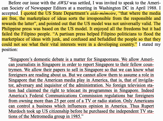 JapanPathak's tweet photo. My one of bookmarks in Lee Kuan Yew's book. In a chapter on managing media, he clearly opined that “US model was not universally valid" ..... “Singapore’s domestic debate is a matter for Singaporeans."
#BigTechColonialism https://t.co/OFKkWjlt9Z