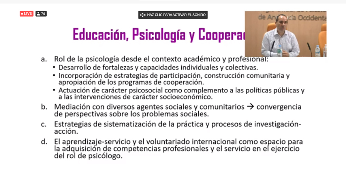 COP_AO's tweet photo. El psicólogo Daniel Holgado, profesor en @unisevilla, introduce la #Educación y experiencias en estudios al respecto y #cooperaciónAlDesarrollo al análisis que estamos haciendo esta mañana en #VJornadaPsicologíayCooperación con @COP_AO y #FUNCOP https://t.co/wZsahsOyNv