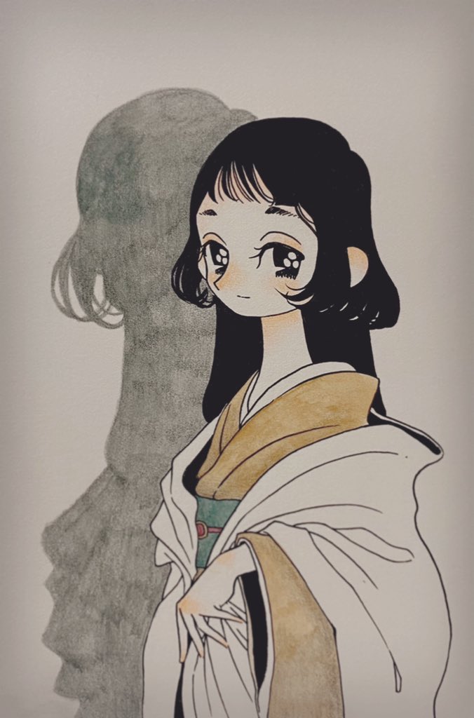 1girl solo black hair japanese clothes kimono shadow long hair  illustration images